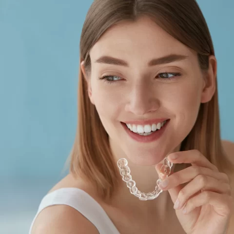 Women holding clear aligners.